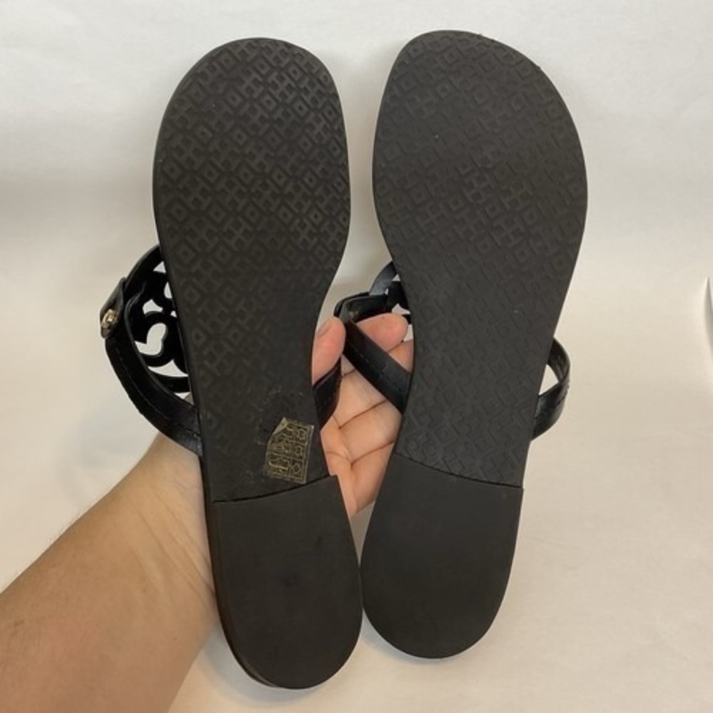 Tory Burch Miller Black Logo SlipOn Flat Thong Sandals Women 11M Brazil Leather - Picture 5 of 11